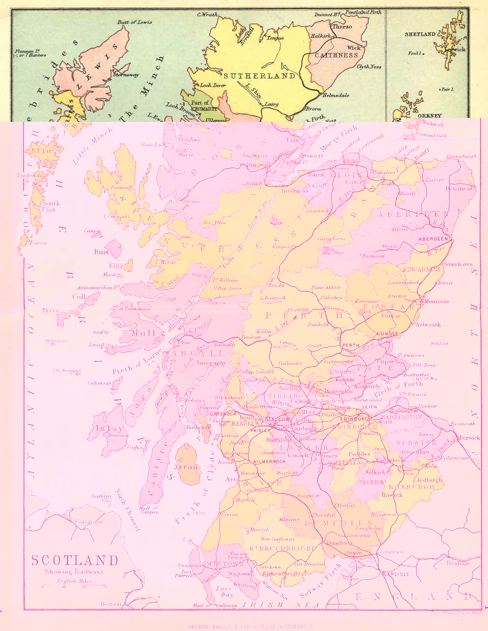 Bartholomews Map of Scotland showing county boundaries , towns and railway lines about 1890